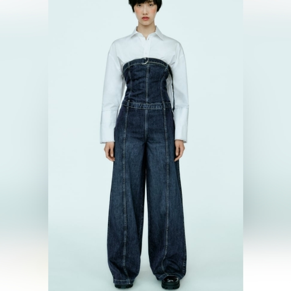 Zara Two-Tone Denim Wide Leg Jumpsuit